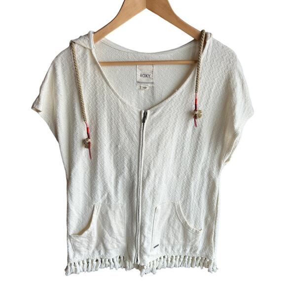 Roxy White Fringe Poncho Medium Hooded Zip Up - Picture 2 of 8
